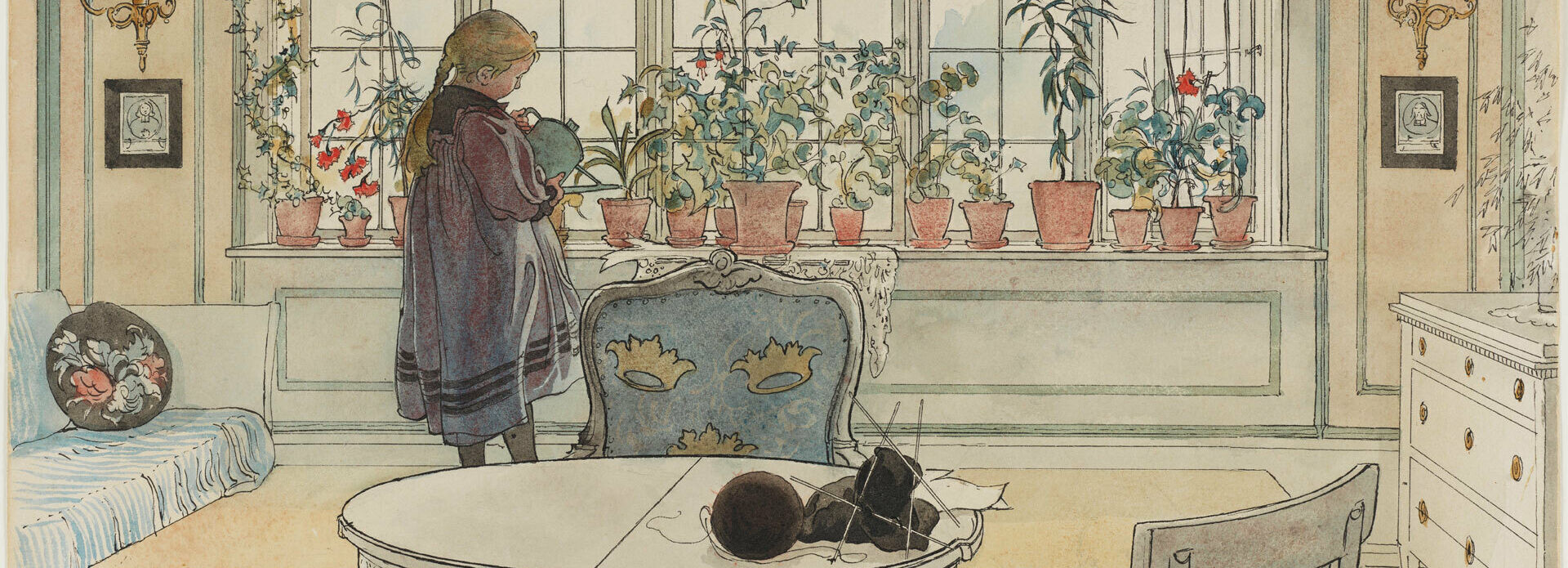 Akvarellmålning föreställande en flicka som står vid ett fönster med fullt av blommor. Flickan vattnar.