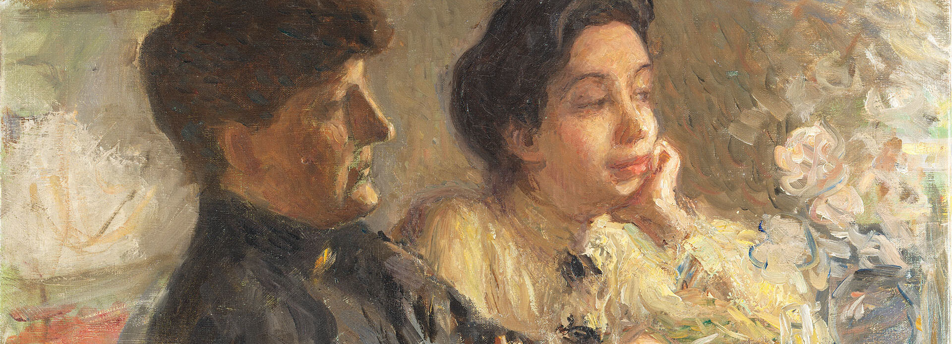 Två kvinnor som sitter vid ett bord i ljuset från en fotogenlampa. Äldre målning.