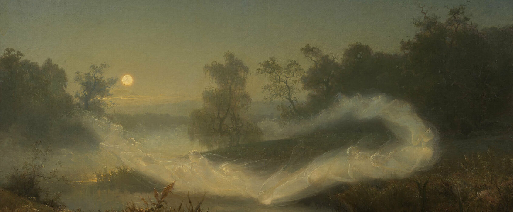 Målning som föreställer älvor, i form av dimma, som dansar på en äng.