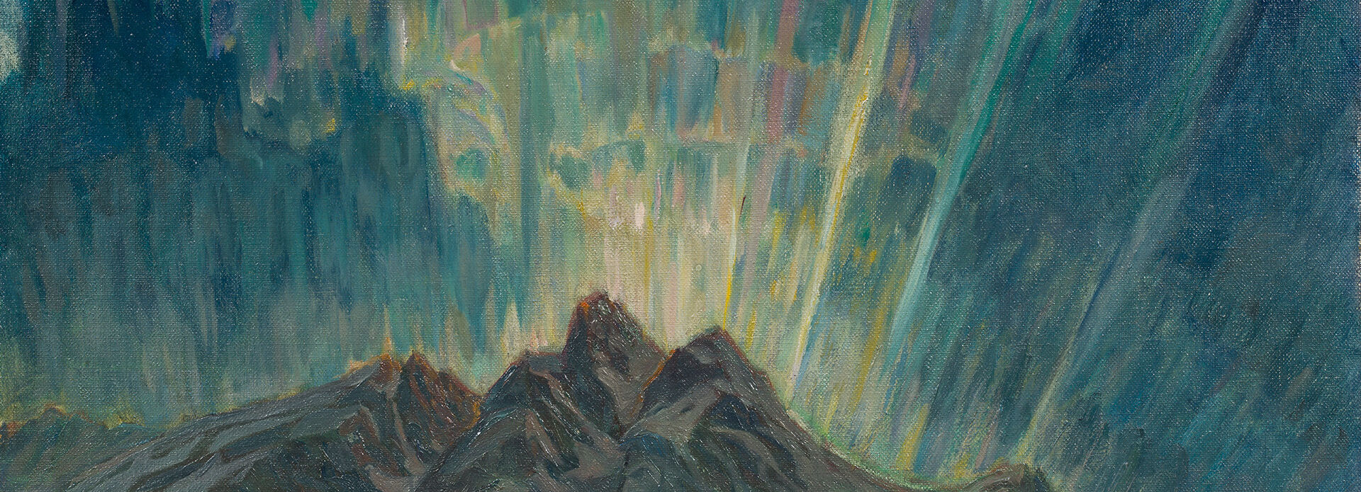 Målning som föreställer norrsken över vatten och isberg.