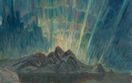 Målning som föreställer norrsken över vatten och isberg.