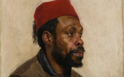 Målat portrtätt av en afrikansk man. Han är klädd i blå skjorta, brun väst och en röd fez.