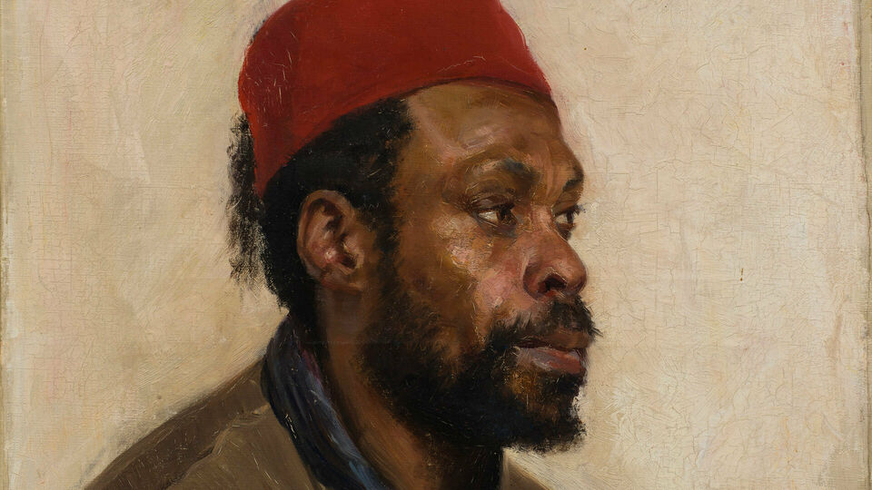 Målat portrtätt av en afrikansk man. Han är klädd i blå skjorta, brun väst och en röd fez.