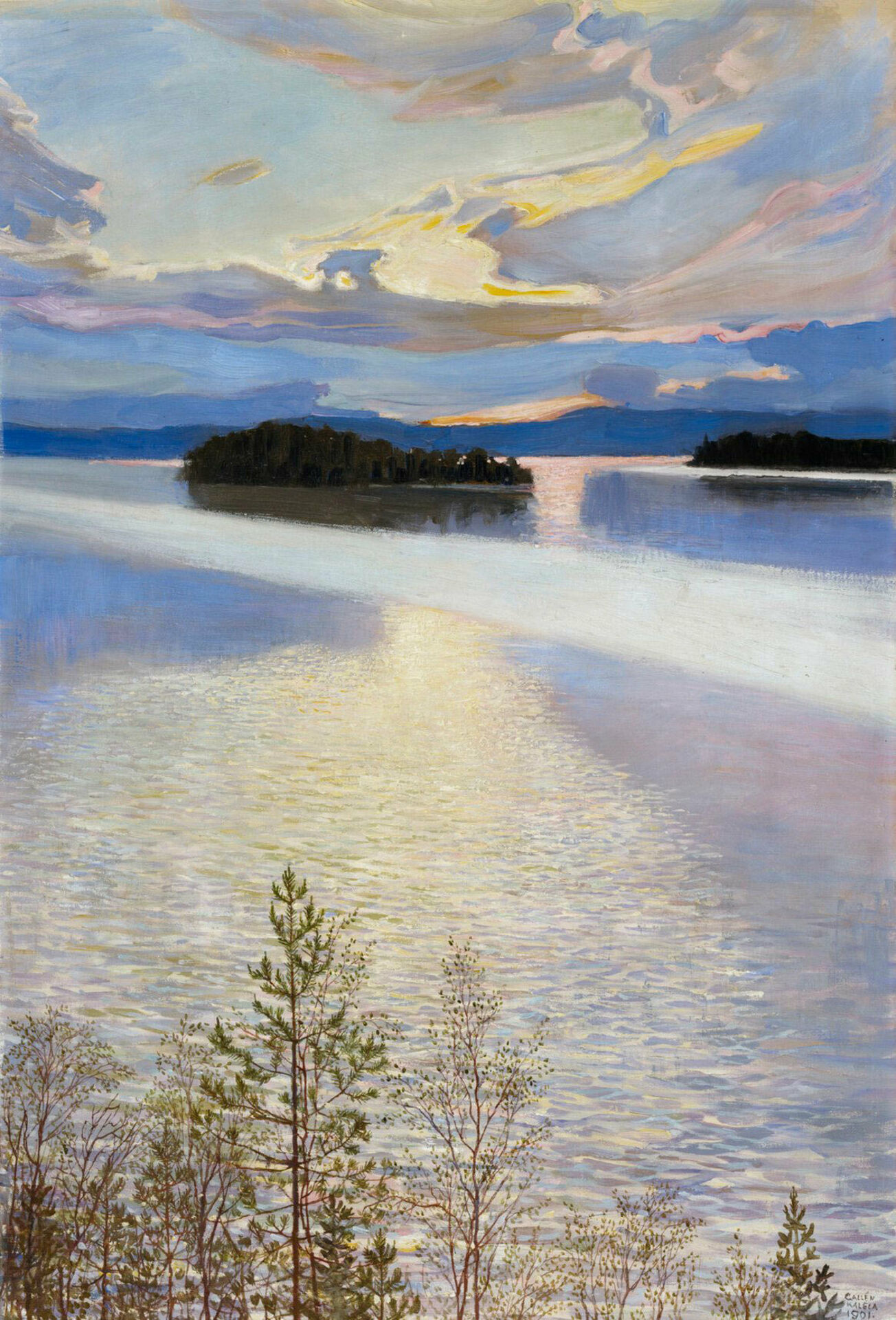 Målning av Akseli Gallen-Kallela föreställande ett insjölandskap i blå toner.
