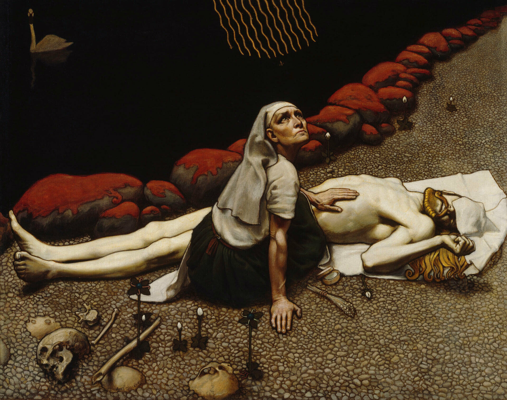 Målning av Akseli Gallen-Kallela föreställande en scen ur Kalevala. En man - Lemmikäinen - ligger död på marken. Intill honom sitter hans moder.
