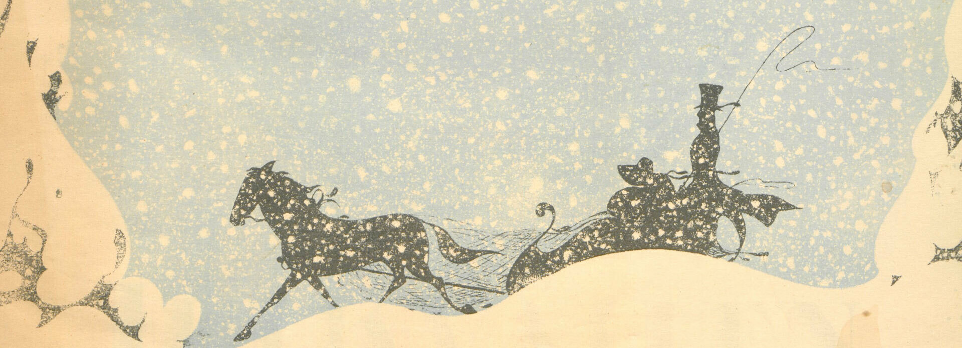 Teckning som föreställer ett ekipage med häst och vagn i snöigt sagolandskap.