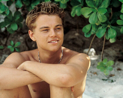 En ung man, gestaltad av skådespelaren Leonardo DiCaprio, sitter med bar överkropp på en sandstrand. Han tittar drömmande långt bort i fjärran.
