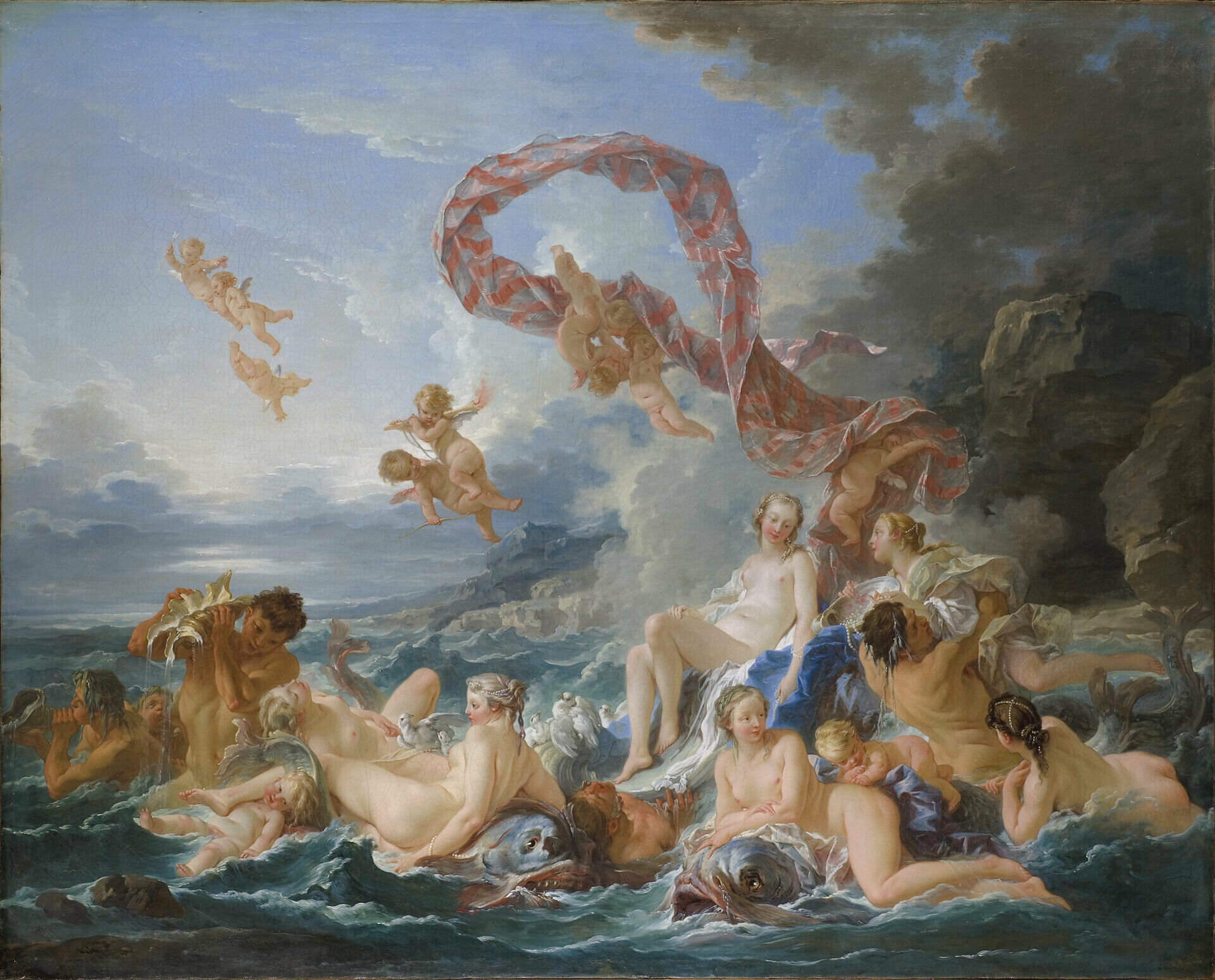 Målning som föreställer kärlekens gudinna Venus som sitter i en snäcka på havet. Hon är omgiven av olika nakna figurer. I luten flyger små nakna amoriner.
