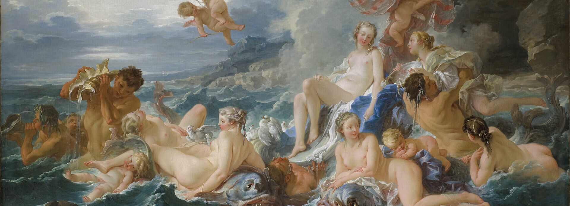 Målning som föreställer kärlekens gudinna Venus som sitter i en snäcka på havet. Hon är omgiven av olika nakna figurer. I luten flyger små nakna amoriner.