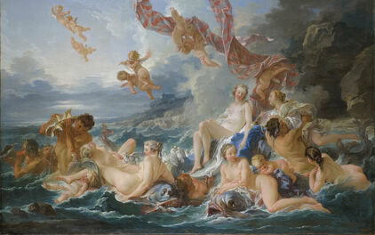 Målning som föreställer kärlekens gudinna Venus som sitter i en snäcka på havet. Hon är omgiven av olika nakna figurer. I luten flyger små nakna amoriner.