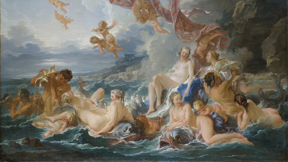 Målning som föreställer kärlekens gudinna Venus som sitter i en snäcka på havet. Hon är omgiven av olika nakna figurer. I luten flyger små nakna amoriner.