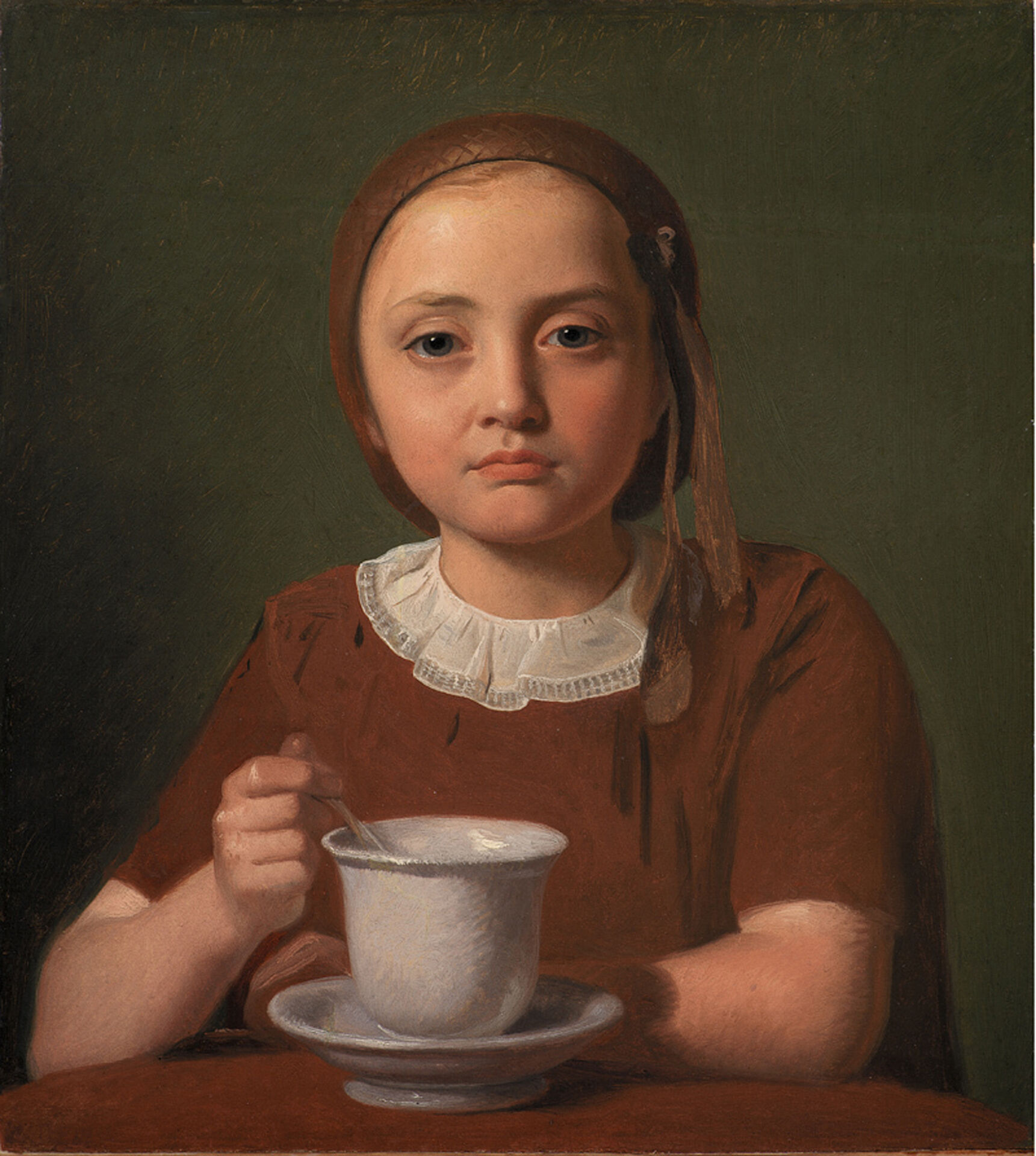 Constantin Hansen, En lille pige, Elise Købke, med en kop foran sig, 1850. Olja på papper uppklistrat på duk. Statens Museum for Kunst.