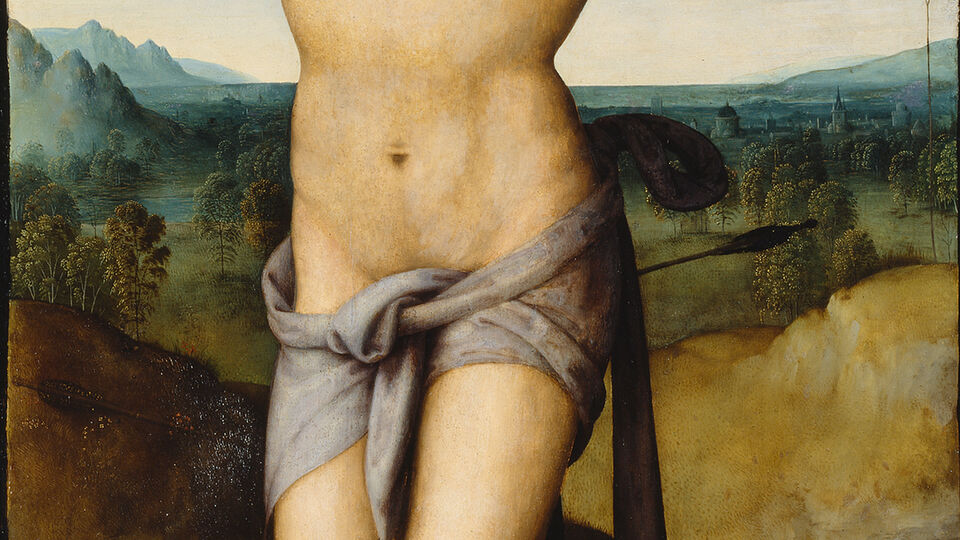 彼得罗·佩鲁吉诺（Pietro Perugino），S:t Sebastian，utförd ca 1485，olja páduk（överförd-frán trä）。国家博物馆。