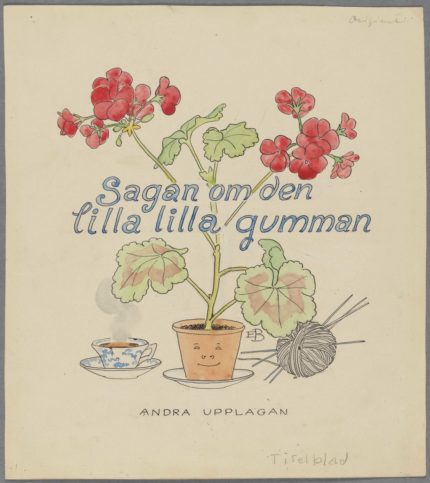 Titelblad till Elsa Beskow, Sagan om den lilla lilla gumman, med avbildad pelargon