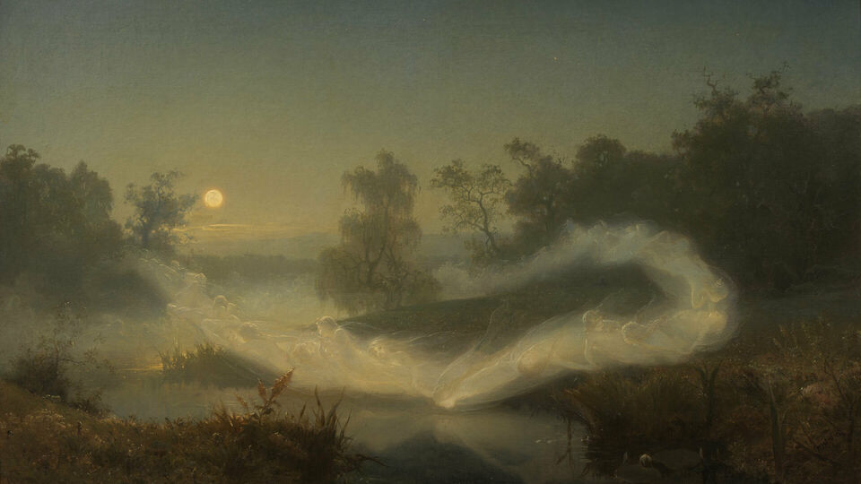 Målning som föreställer älvor, i form av dimma, som dansar på en äng.