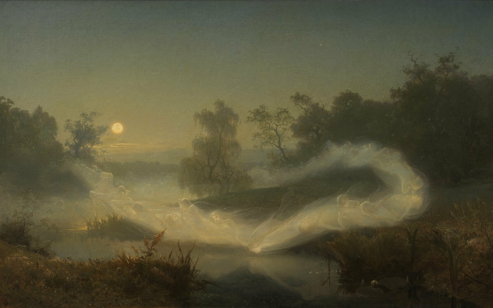Målning som föreställer älvor, i form av dimma, som dansar på en äng.