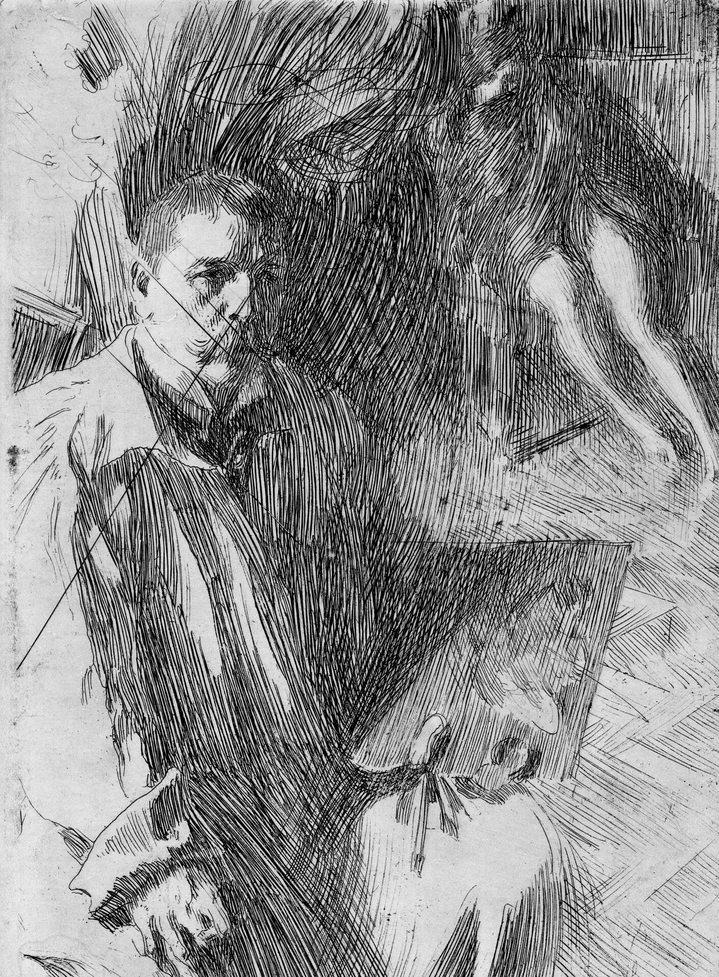Anders Zorn, Självporträtt med modell, etsning efter kasserad kopparplåt.
