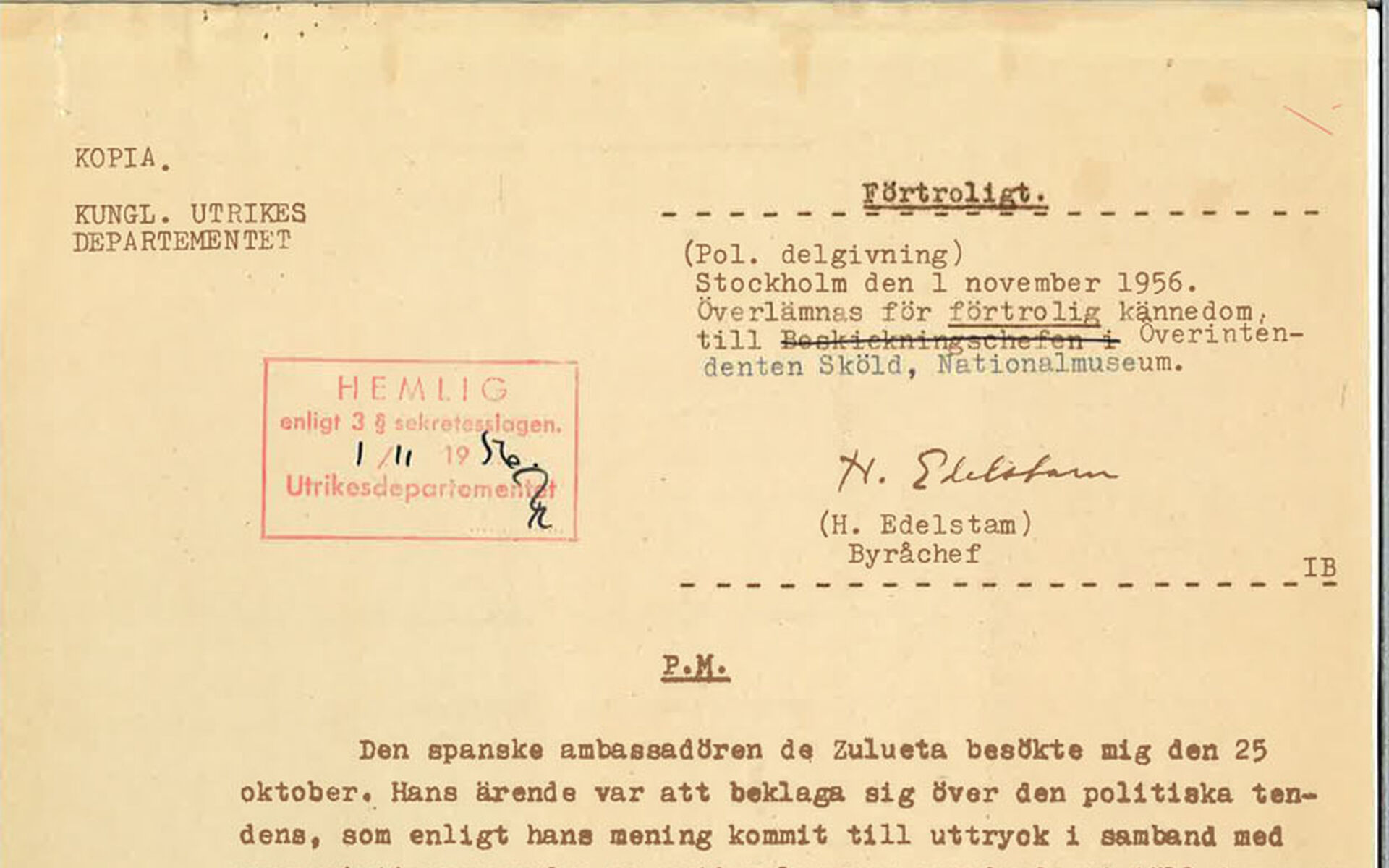 A classiafied memo issued 1956 by the political section at the Swedish foreign ministry concerning Pablo Picasso's painting Guernica.