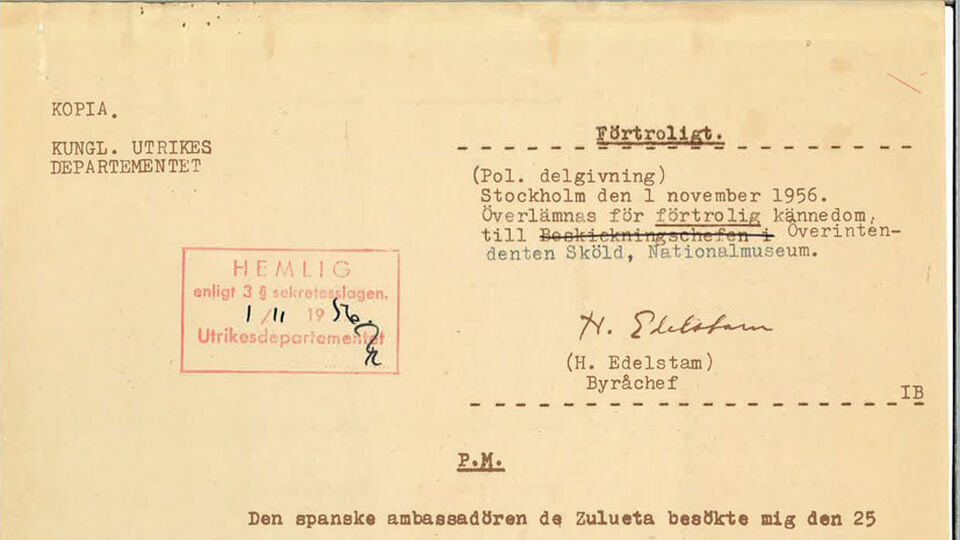 A classiafied memo issued 1956 by the political section at the Swedish foreign ministry concerning Pablo Picasso's painting Guernica.