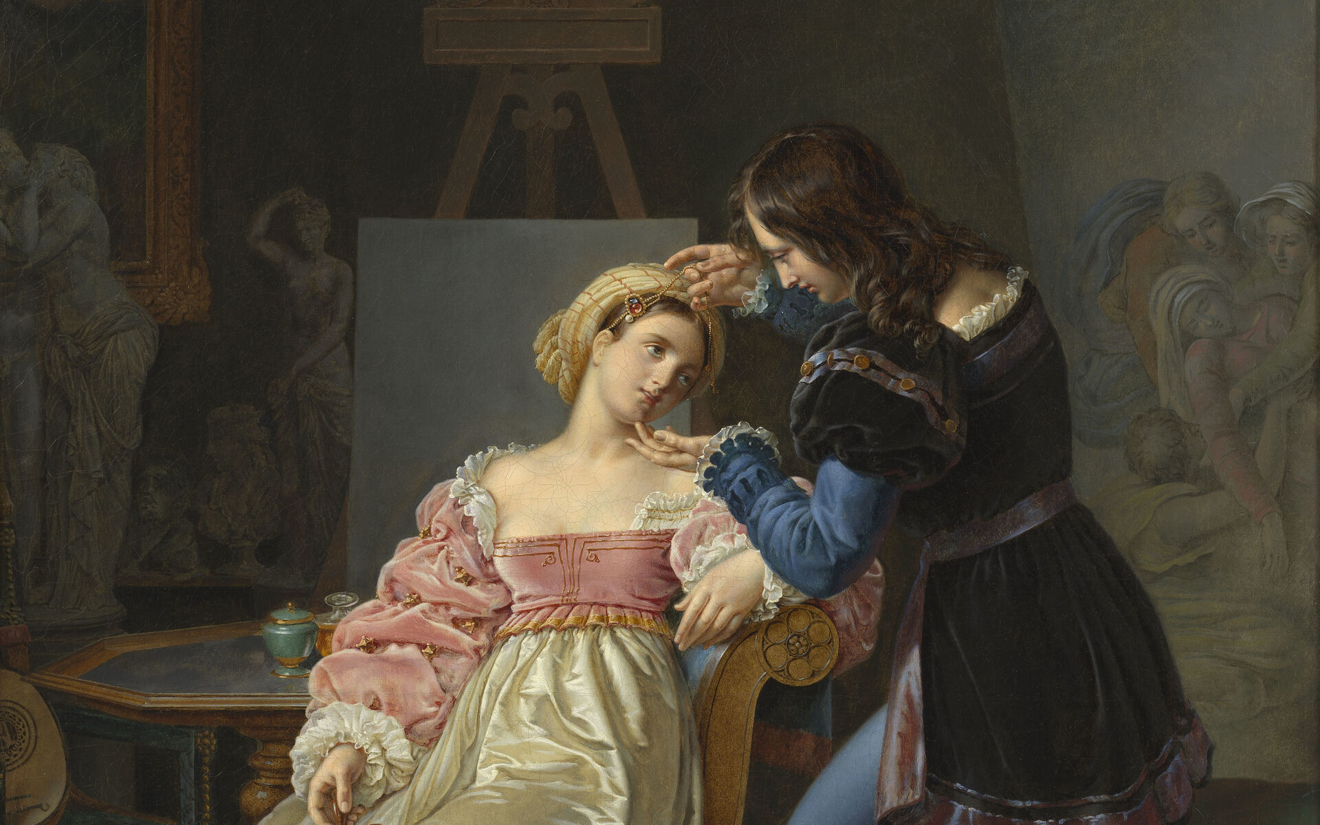Marie-Philippe Coupin de la Couperie, Raphael rättar till Fornarinas hår inför arbetet med hennes porträtt. Utförd 1824, olja på duk. Nationalmuseum.