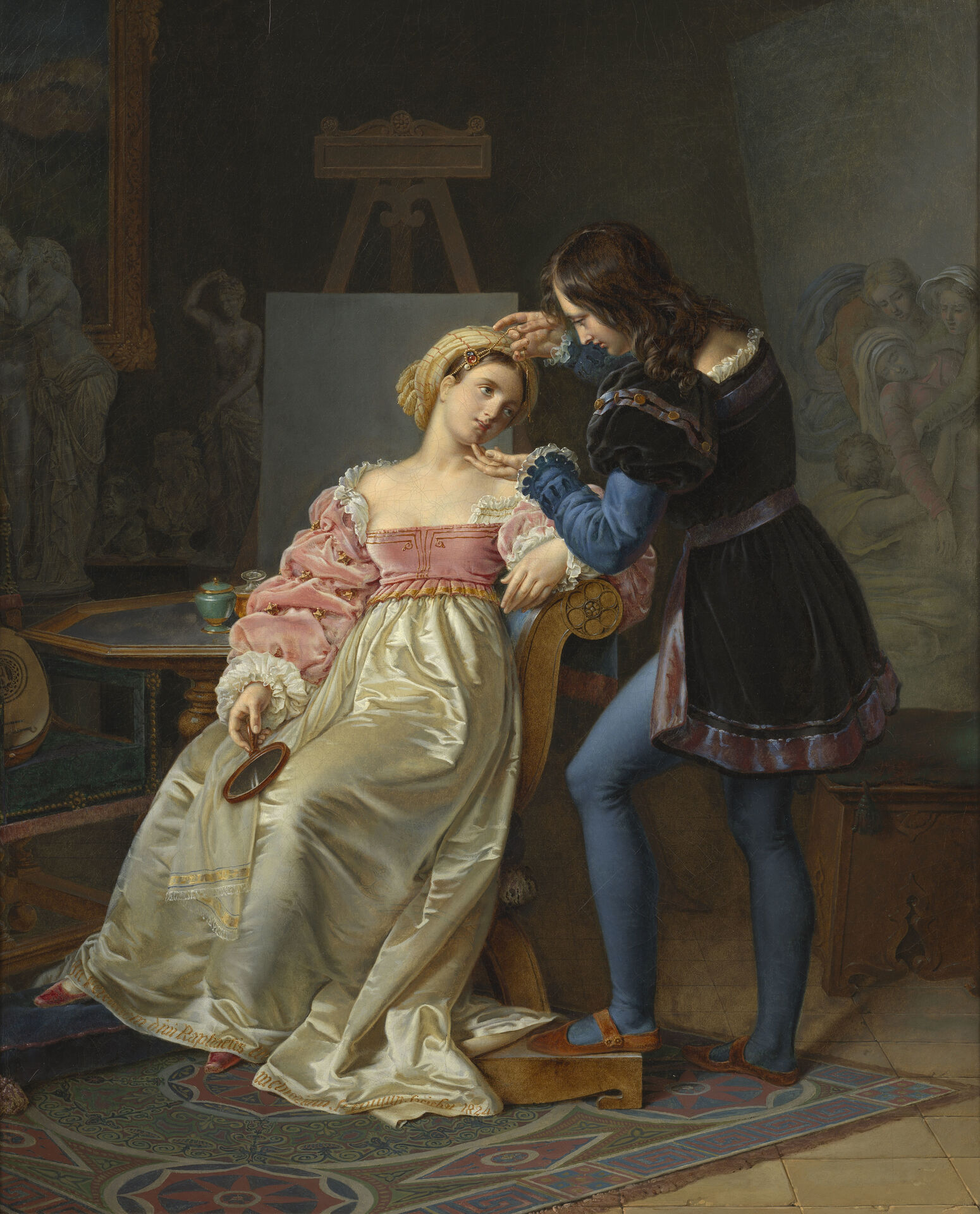 Marie-Philippe Coupin de la Couperie, Raphael rättar till Fornarinas hår inför arbetet med hennes porträtt. Utförd 1824, olja på duk. Nationalmuseum.