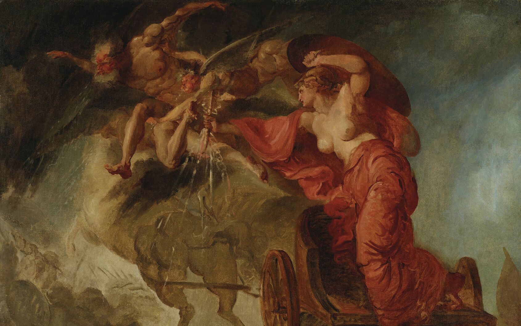 Målning där en kvinna stiger av sin vagn, dragen av hästar. I sin ena hand håller hon en sköld och i den andra en blixtrande Zeus-ljung. Över henne svävar en man (Nordanvinden), som är åtföljd av bevingade zefyrer ur vilkas munnar det kommer snöflingor.