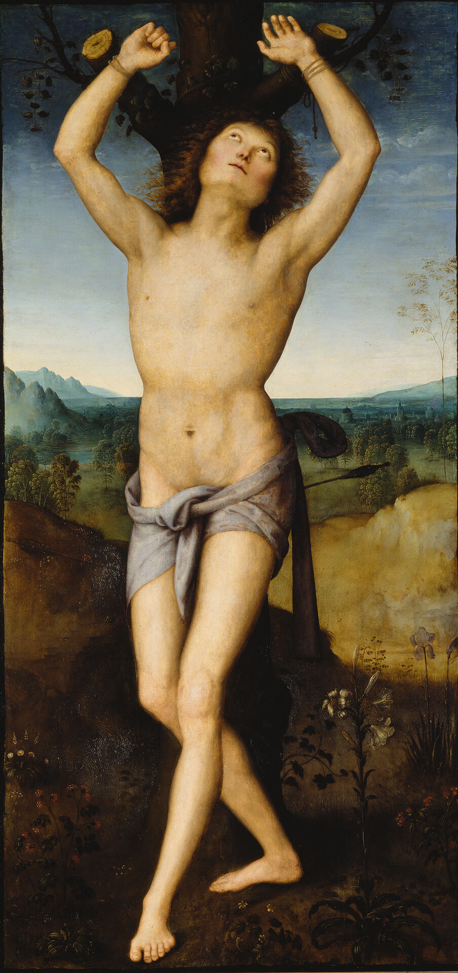 Pietro Perugino, S:t Sebastian, painted in 1485, approximately, oil on canvas (transferred from wooden panel). Nationalmuseum.