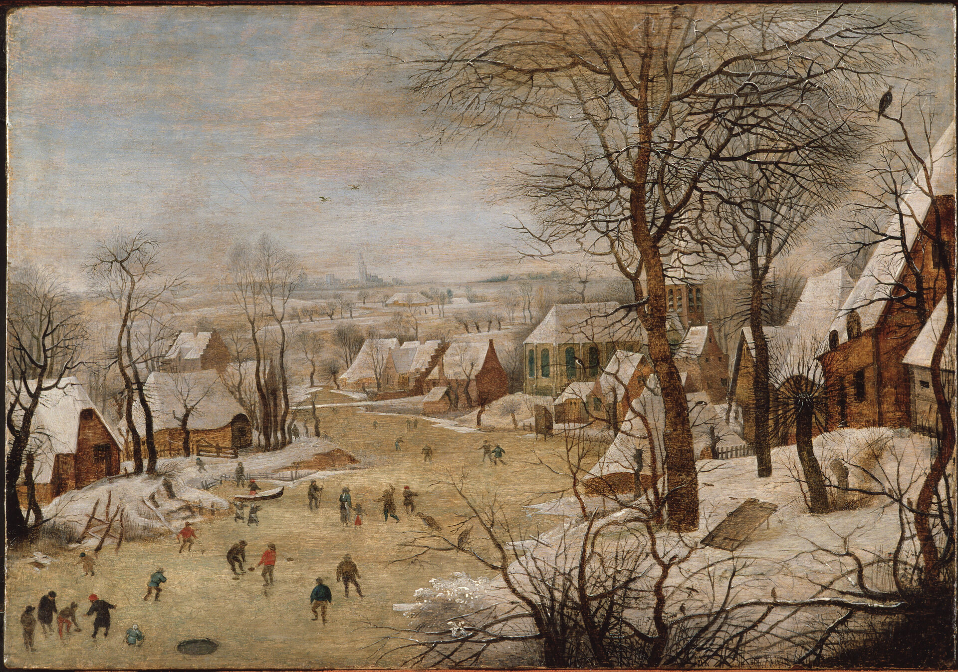 Pieter Bruegel d.y., Vinterlandskap med skridskoåkare och en fågelfälla, Olja på trä. Nationalmuseum.