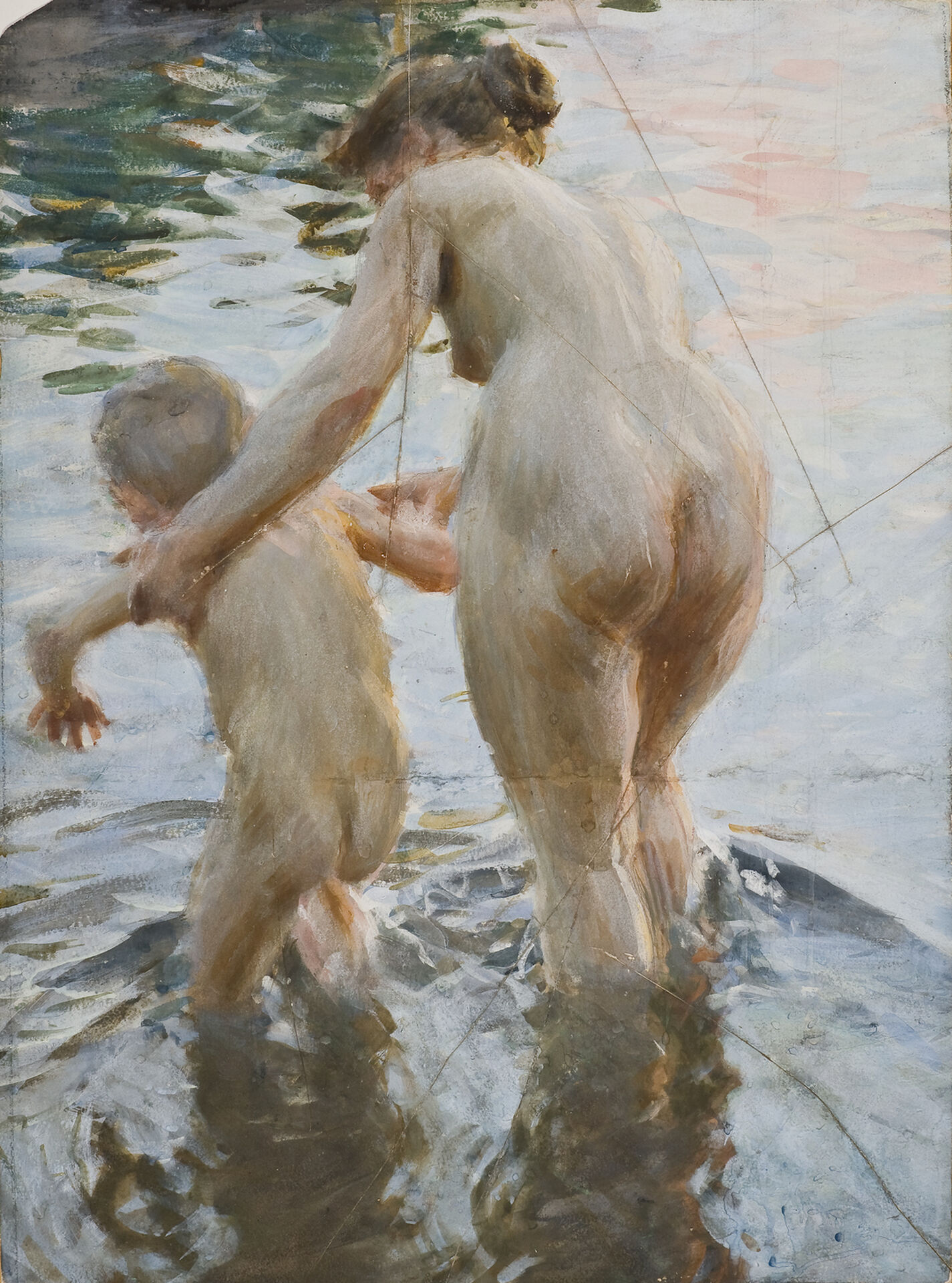 Une premiére av Anders Zorn Två nakna ljushyade personer är på väg ut i vattnet, en kvinna med håret uppsatt i en knut och ett barn med kort hår. Kvinnan lutar sig något framåt och håller barnet, som ryggar tillbaka, i överarmen med ena handen och med den andra handen leds barnet fram. De rör sig bort från betraktaren. Det är vatten upp till kvinnans knän. Framför dem bildas små vågor som ebbar ut i målningens ytterkant. I vattenytan framträder diffusa speglingar ifrån omgivningen. Motivet betraktas lite snett ovanifrån. Över målningen, kors och tvärs, syns ungefär tio tunna revor.