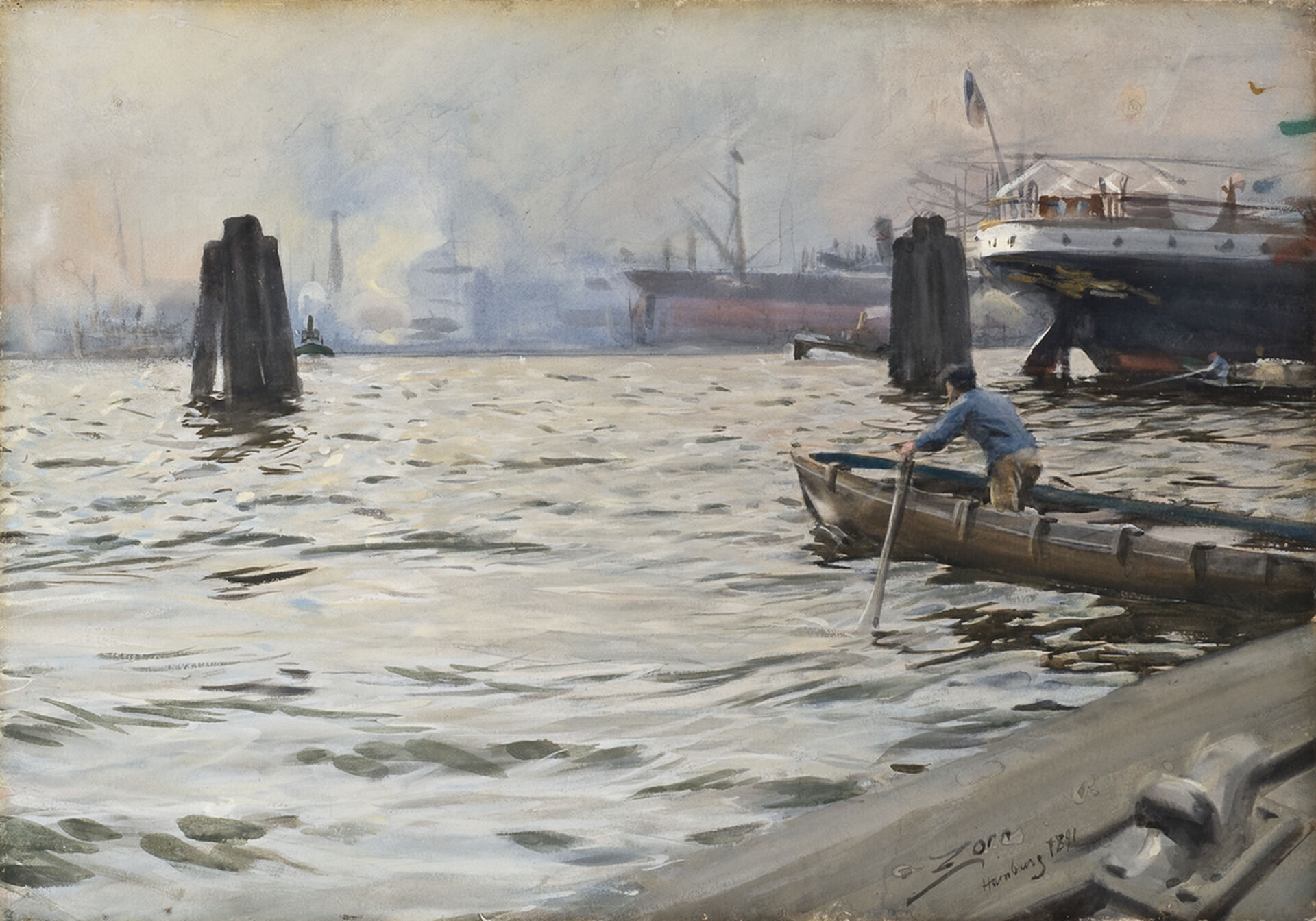 Hamburgs hamn av Anders Zorn En fotorealistisk akvarellmålning över Hamburgs Hamn. I förgrunden syns en del av hamnens träbrygga. Nedanför bryggan står en framåtlutad man i en eka. Med årorna i händerna gör han sig redo för att ro. Mannen bär en ljusblå skjorta, sandfärgade byxor och en svart basker. Hamnen ligger i en bukt och på andra sidan bukten skymtas en disig stadsmiljö och förtöjda båtar. Två små ångbåtar åker ut från staden. Ute i det gråblå skvalpande vattnet står två stora, trebenta träpålar med några meters mellanrum. Vid den högra pålen syns ett svart-rött lastfartyg och ett mahognyvitt passagerarfartyg med en flagga