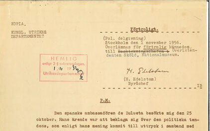 A classiafied memo issued 1956 by the political section at the Swedish foreign ministry concerning Pablo Picasso's painting Guernica.