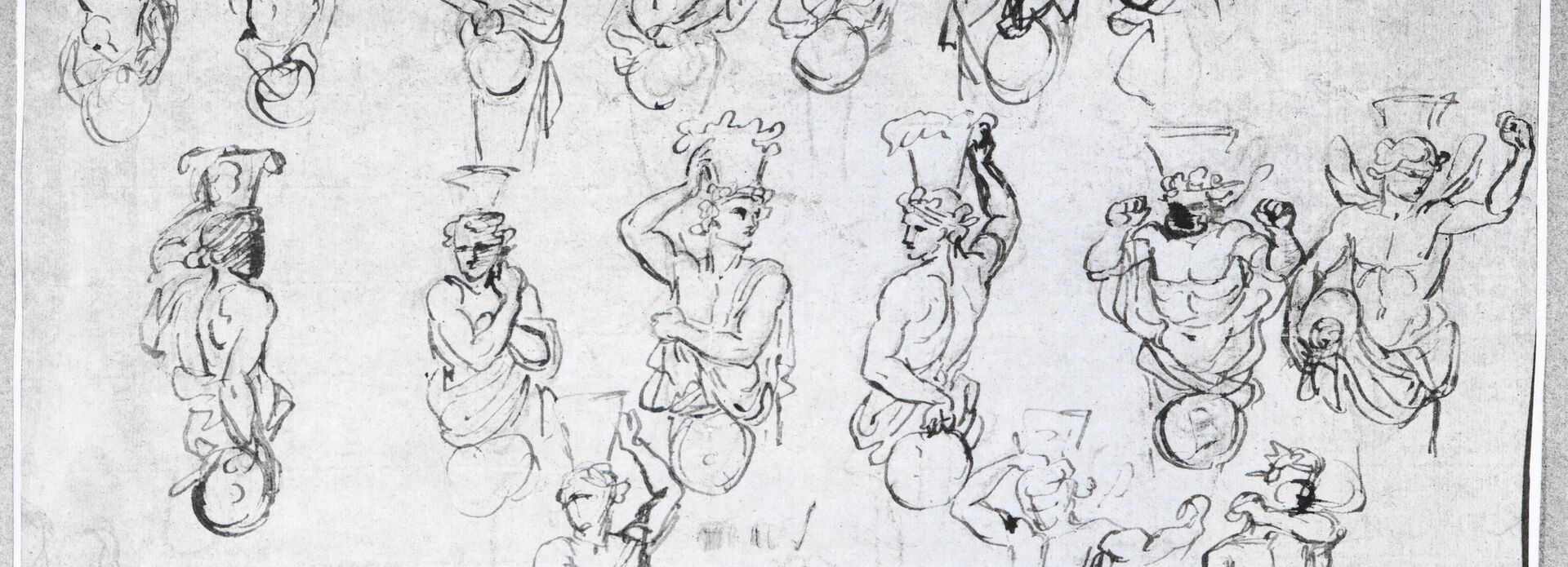 Äldre teckning av personer i olika poser.