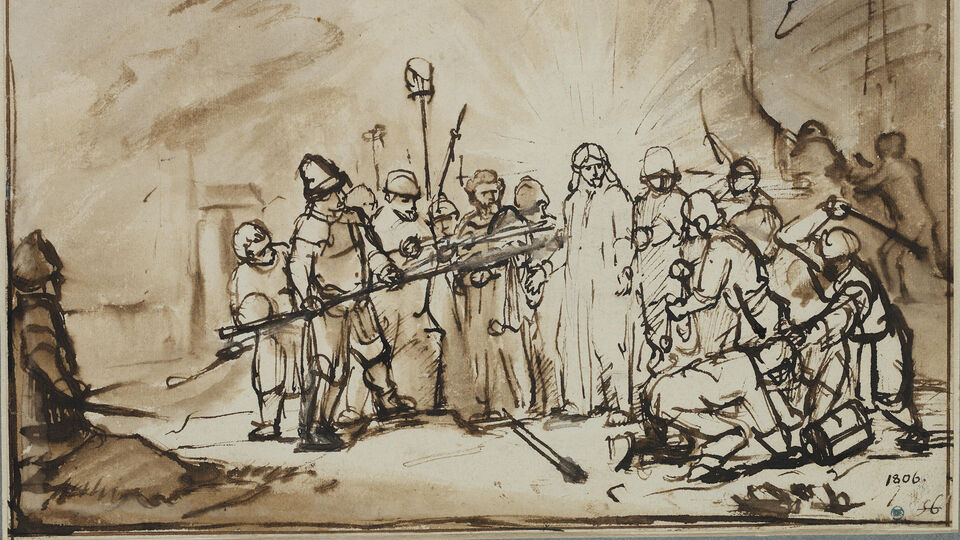 Rembrandt Harmensz. van Rijn, Kristi fängslande. Utförd cirka 1659–1660, pennteckning och lavering i brunt och grått på papper.