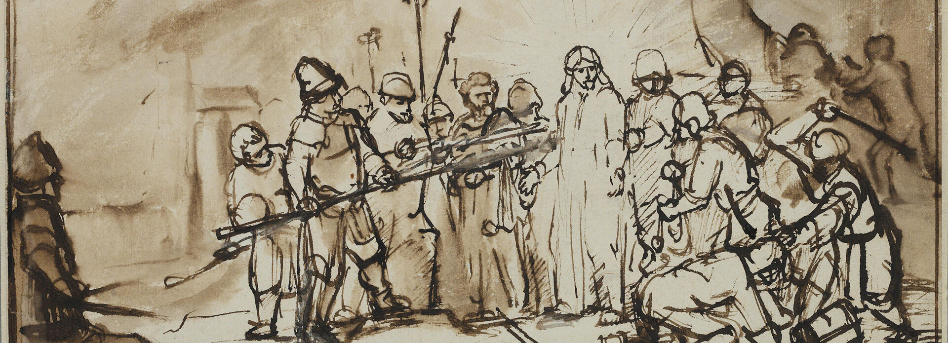 Rembrandt Harmensz. van Rijn, Kristi fängslande. Utförd cirka 1659–1660, pennteckning och lavering i brunt och grått på papper.