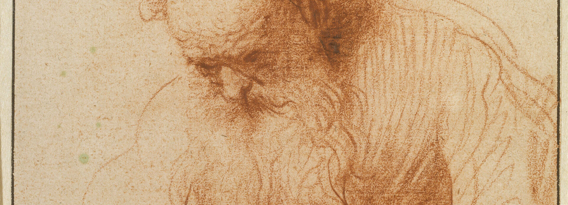 Teckning i rödkrita föreställande en gammal man med nedböjt huvud som håller händerna samman som i bön.