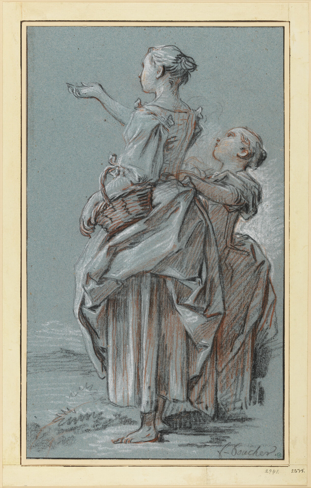 1700-talsteckning som föreställer en kvinna som hjälper en flicka att klä på sig.