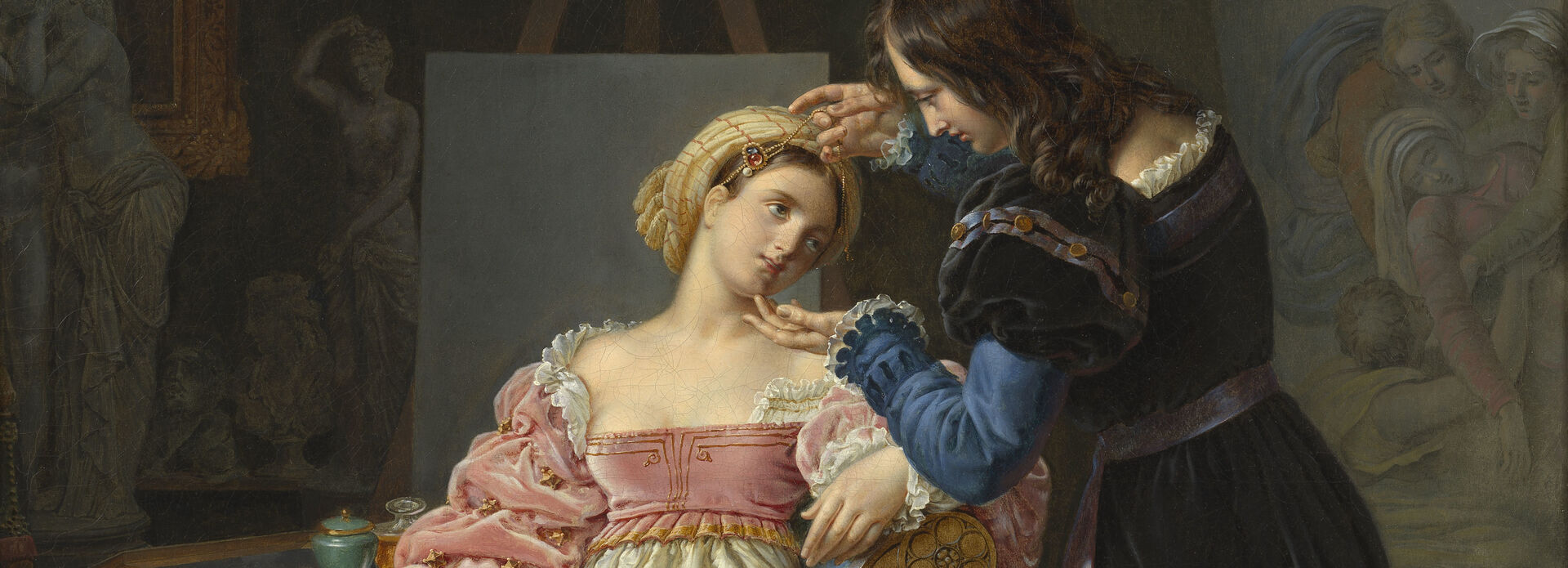 Marie-Philippe Coupin de la Couperie, Raphael rättar till Fornarinas hår inför arbetet med hennes porträtt. Utförd 1824, olja på duk. Nationalmuseum.