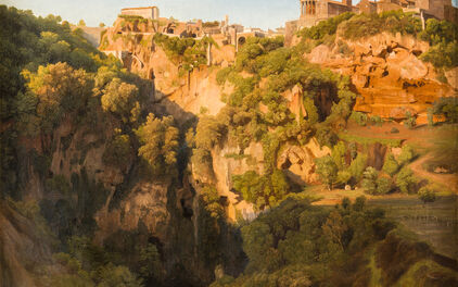 Ernst Fries, The Waterfalls at Tivoli with the Ponte Lupo, Temple of Vesta, and Temple of Sibyl
