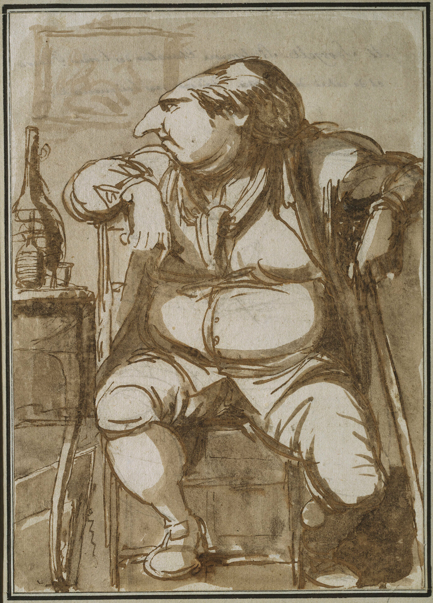 Tecknat självporträtt av Johan Tobias Sergel. Han sitter på en stol invid ett bord och har en vinflaska på bordet bredvid sig.