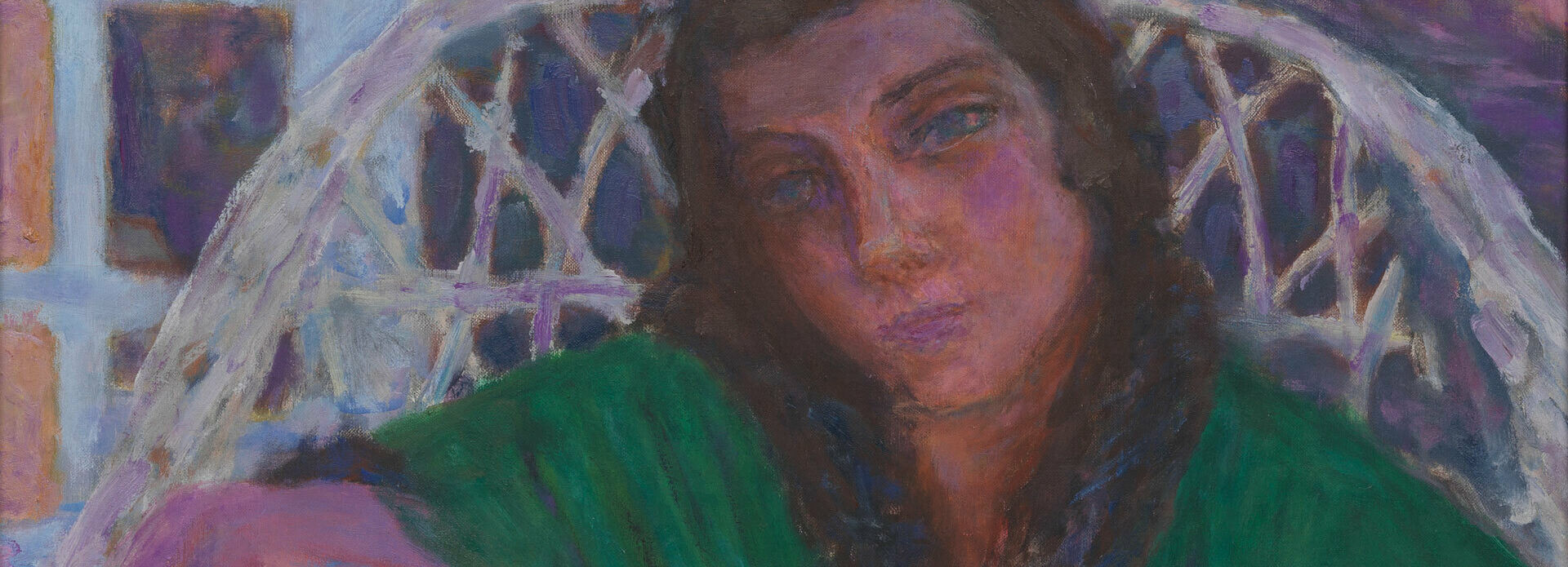 Målning som föreställer en kvinna som sitter i en korgstol och ser sorgsen ut. I bakgrunden finns ett dukat bord framför ett fönster.