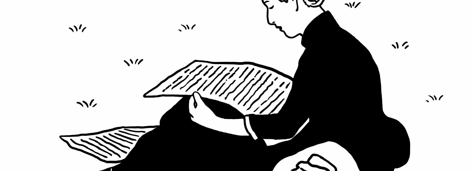 Tecknad bild av en kvinna som sitter ner på gräset och läser tidningen.