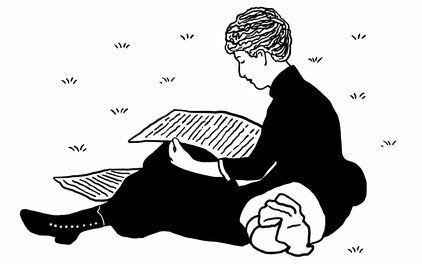 Tecknad bild av en kvinna som sitter ner på gräset och läser tidningen.