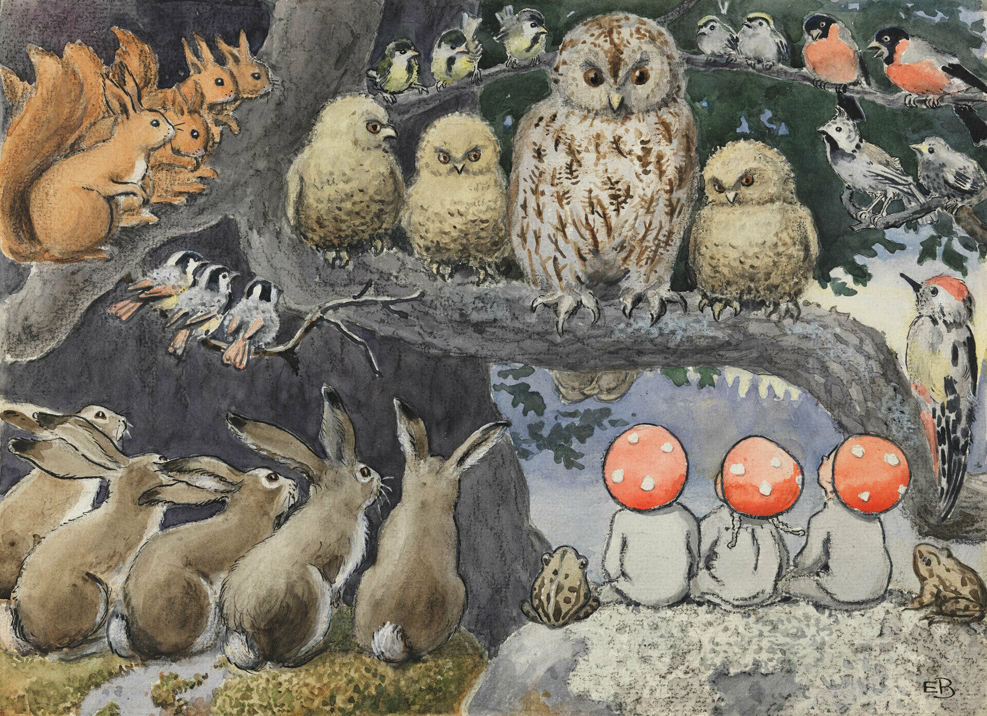 Bild ur Tomtebobarnen.Små barnfigurer i svamphattar sitter tillsammans med diverse djur och lyssnar på en uggla.