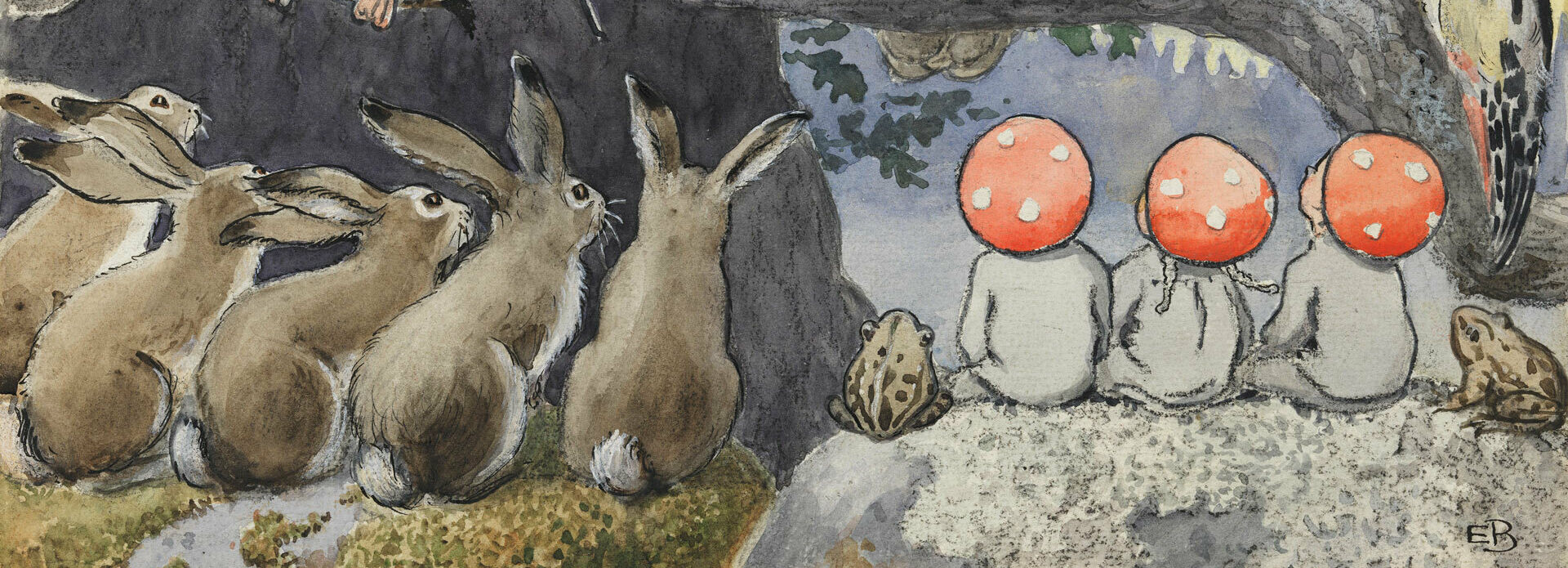 Bild ur Tomtebobarnen.Små barnfigurer i svamphattar sitter tillsammans med diverse djur och lyssnar på en uggla.