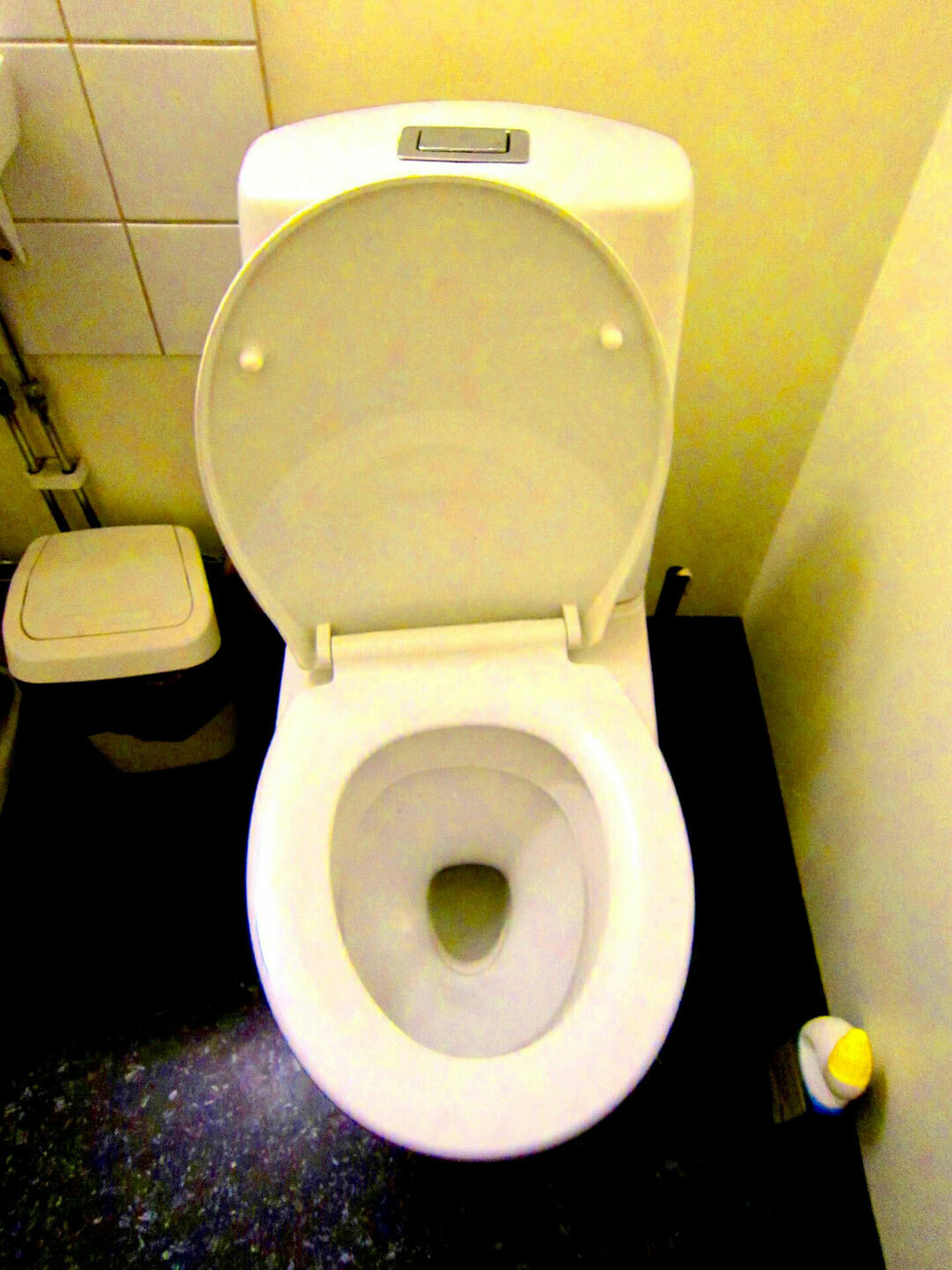 En toalettstol med locket uppfällt.