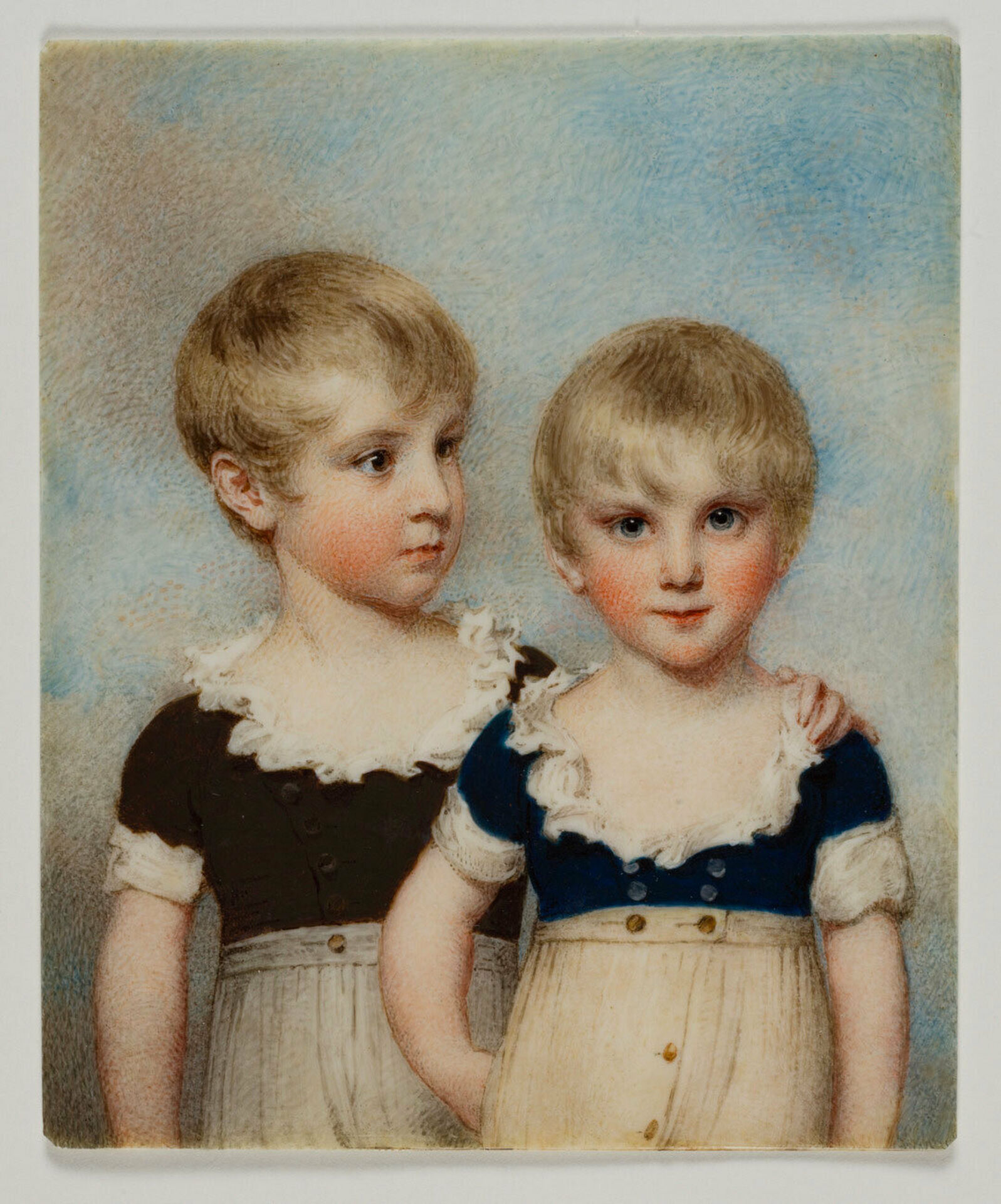 Porträtt från 1800-talets början föreställande två små pojkar med blont hår iklädda likadana vita byxor och svarta tröjor med spetskrage.