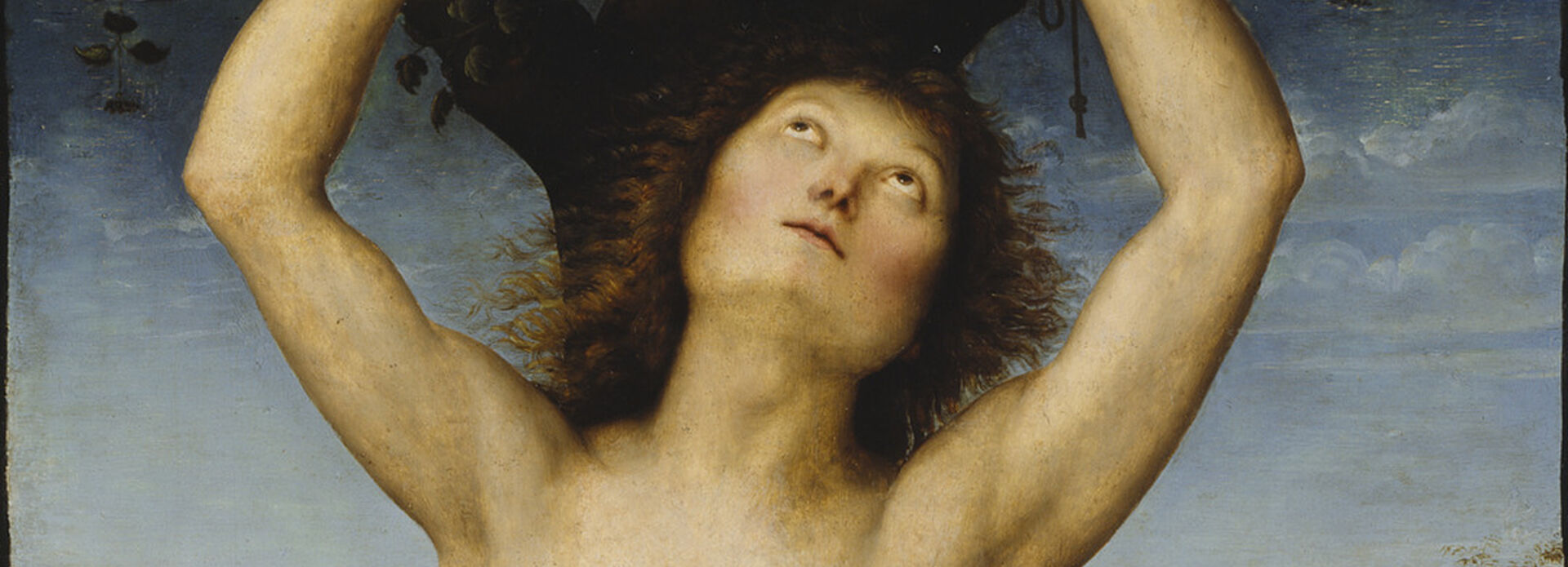 Målning som föreställer en man, endast klädd i ett höftskynke, som är bunden vid ett träd.