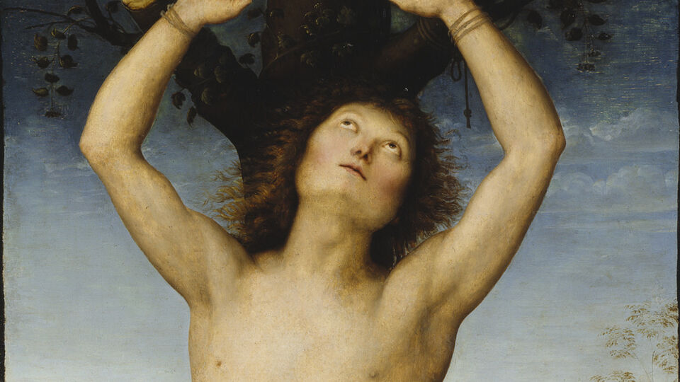 Målning som föreställer en man, endast klädd i ett höftskynke, som är bunden vid ett träd.