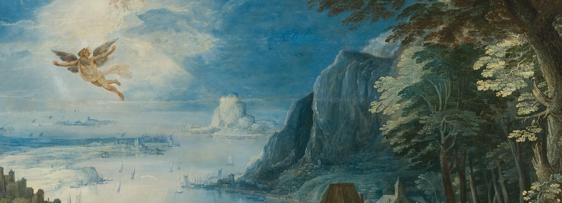 Äldre målning med mytologiskt motiv. Ikaros har fått vingar och flyger nära solen. I bakgrunden syns ett landskap med hav, berg och bönder som brukar jorden.