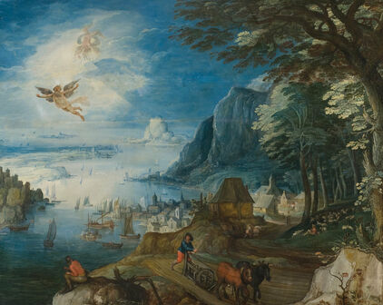 Äldre målning med mytologiskt motiv. Ikaros har fått vingar och flyger nära solen. I bakgrunden syns ett landskap med hav, berg och bönder som brukar jorden.